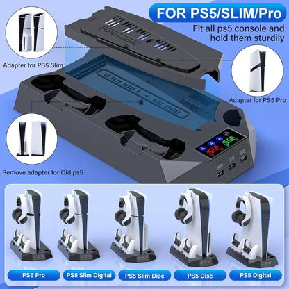 Ps5/Slim/Pro Cooling Station for 5 Console Disc/Digital Edition - PS5 Slim Pro Cooling Stand with Controller Station Accessories-Cooler Fan/Headset Holder/3 USB Hub, Black