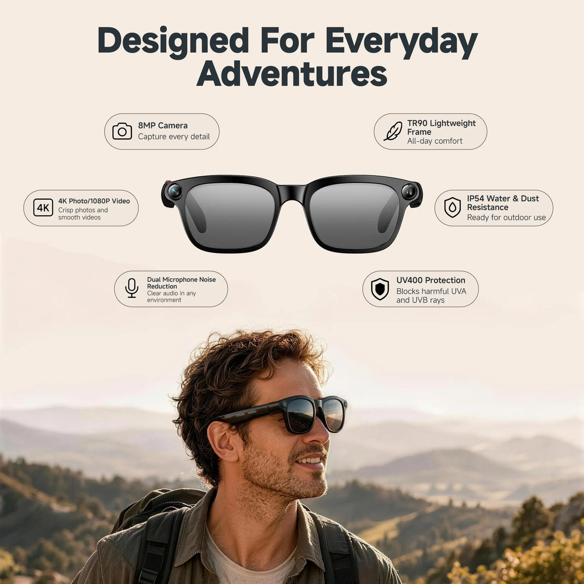 Visionray Smart Glasses - Unisex Casual Wearable, 8MP Sony Camera, 4K Photo, 1080P Video, AI Voice Assistant, Real-Time Translation, Bluetooth Open-Ear Audio, Photochromic Lenses