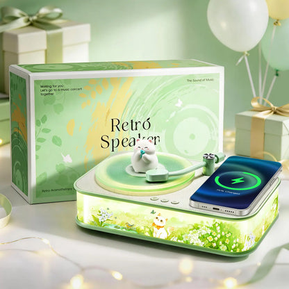 Cute Retro Bluetooth Speaker & Wireless Charger, Cozy Ambiance Light Lamp Trend with Spinning Cat, Aesthetic Room Decor Retro Speaker & Fast Wireless Charger，Kawaii Room Decor Desk Aesthetic, Perfect Birthday Gift for Teen Girls Daughter Girlfriend Women