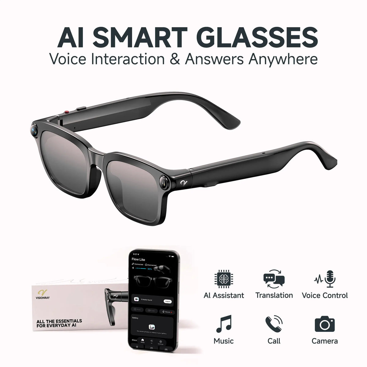 Visionray Smart Glasses - Unisex Casual Wearable, 8MP Sony Camera, 4K Photo, 1080P Video, AI Voice Assistant, Real-Time Translation, Bluetooth Open-Ear Audio, Photochromic Lenses