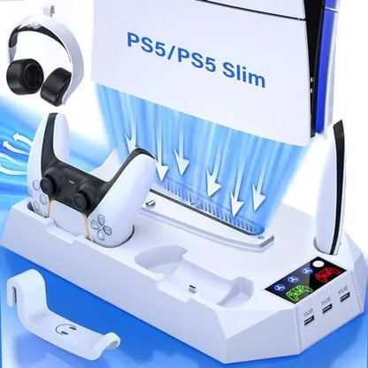 Ps5/Slim/Pro Cooling Station for 5 Console Disc/Digital Edition - PS5 Slim Pro Cooling Stand with Controller Station Accessories-Cooler Fan/Headset Holder/3 USB Hub, Black