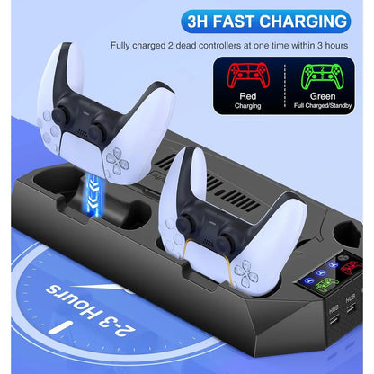 Ps5/Slim/Pro Cooling Station for 5 Console Disc/Digital Edition - PS5 Slim Pro Cooling Stand with Controller Station Accessories-Cooler Fan/Headset Holder/3 USB Hub, Black