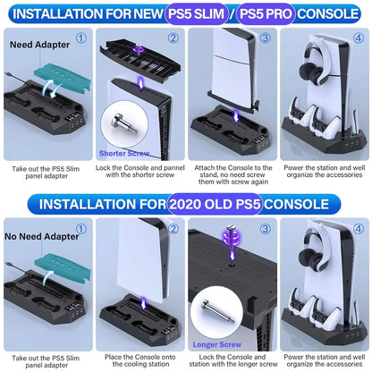 Ps5/Slim/Pro Cooling Station for 5 Console Disc/Digital Edition - PS5 Slim Pro Cooling Stand with Controller Station Accessories-Cooler Fan/Headset Holder/3 USB Hub, Black