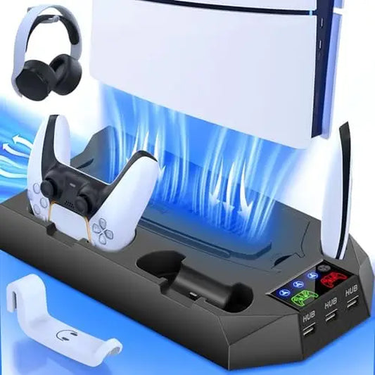Ps5/Slim/Pro Cooling Station for 5 Console Disc/Digital Edition - PS5 Slim Pro Cooling Stand with Controller Station Accessories-Cooler Fan/Headset Holder/3 USB Hub, Black