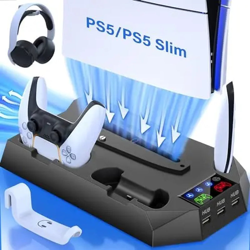 Ps5/Slim/Pro Cooling Station for 5 Console Disc/Digital Edition - PS5 Slim Pro Cooling Stand with Controller Station Accessories-Cooler Fan/Headset Holder/3 USB Hub, Black
