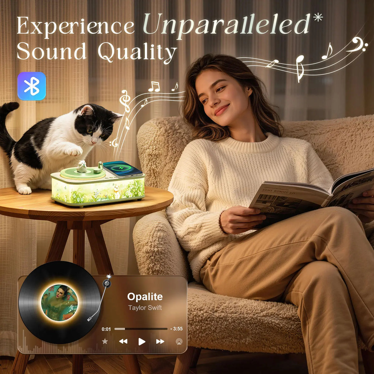 Cute Retro Bluetooth Speaker & Wireless Charger, Cozy Ambiance Light Lamp Trend with Spinning Cat, Aesthetic Room Decor Retro Speaker & Fast Wireless Charger，Kawaii Room Decor Desk Aesthetic, Perfect Birthday Gift for Teen Girls Daughter Girlfriend Women