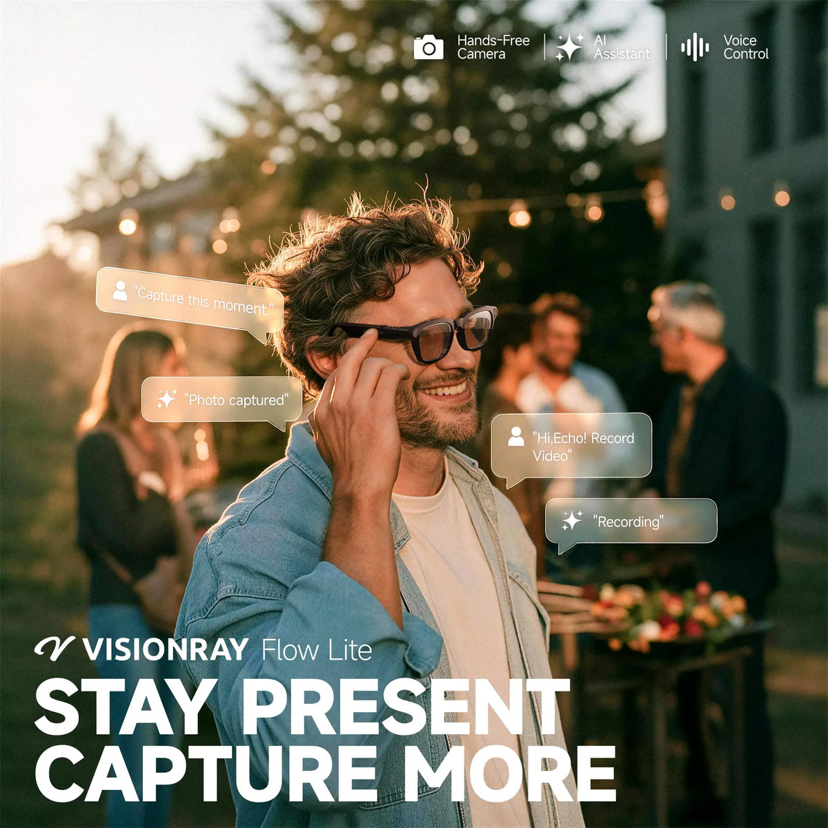 Visionray Smart Glasses - Unisex Casual Wearable, 8MP Sony Camera, 4K Photo, 1080P Video, AI Voice Assistant, Real-Time Translation, Bluetooth Open-Ear Audio, Photochromic Lenses